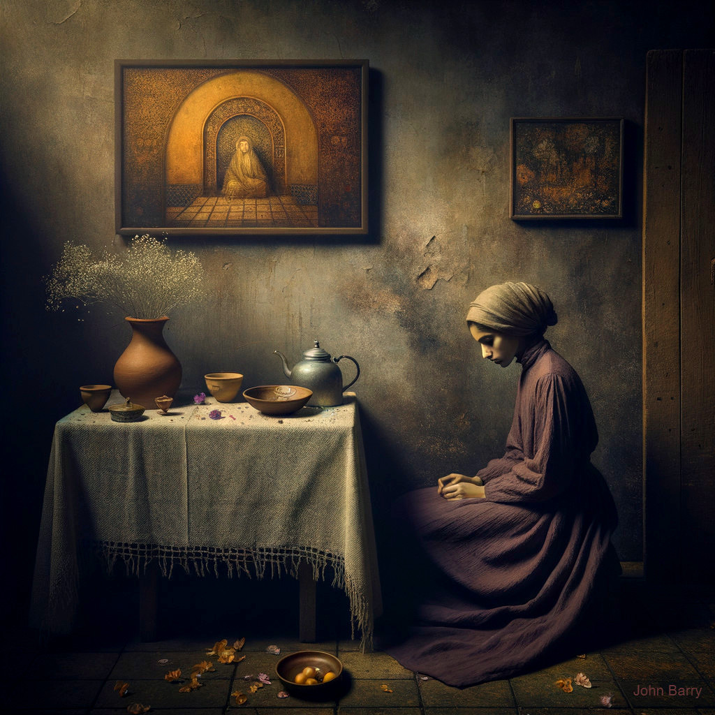 Contemplative Figure at Rustic Table in Serene Setting