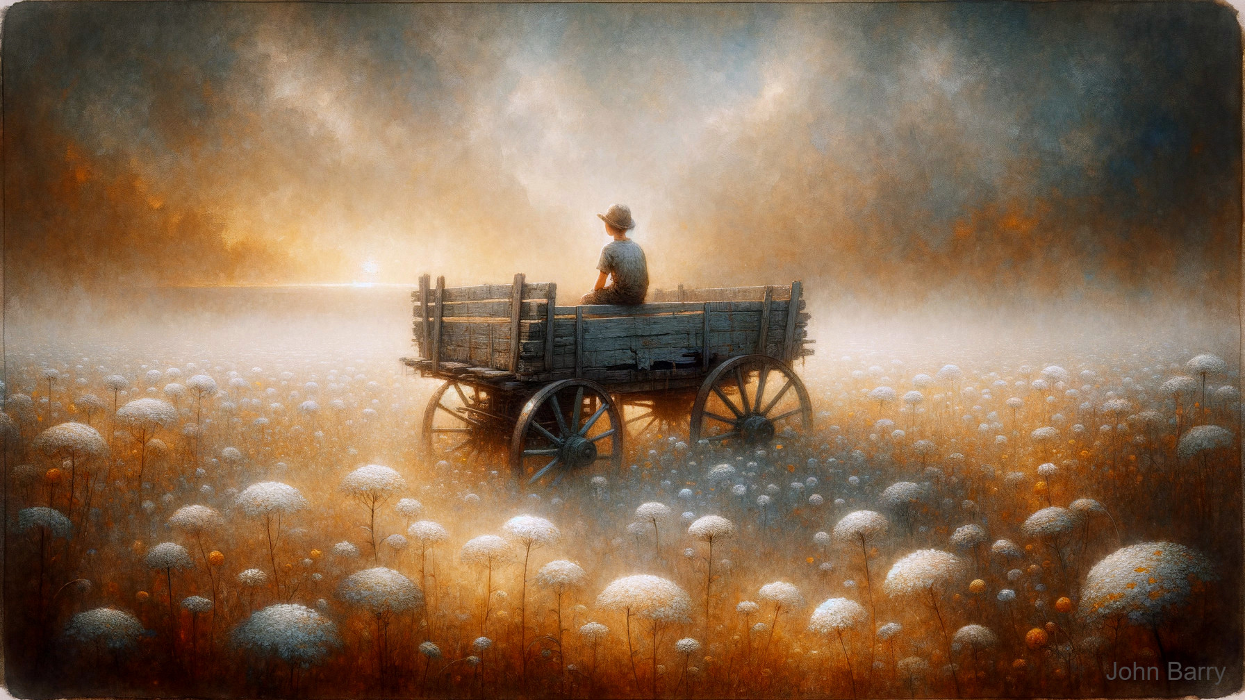 Lone Figure on Rustic Cart in Ethereal Landscape