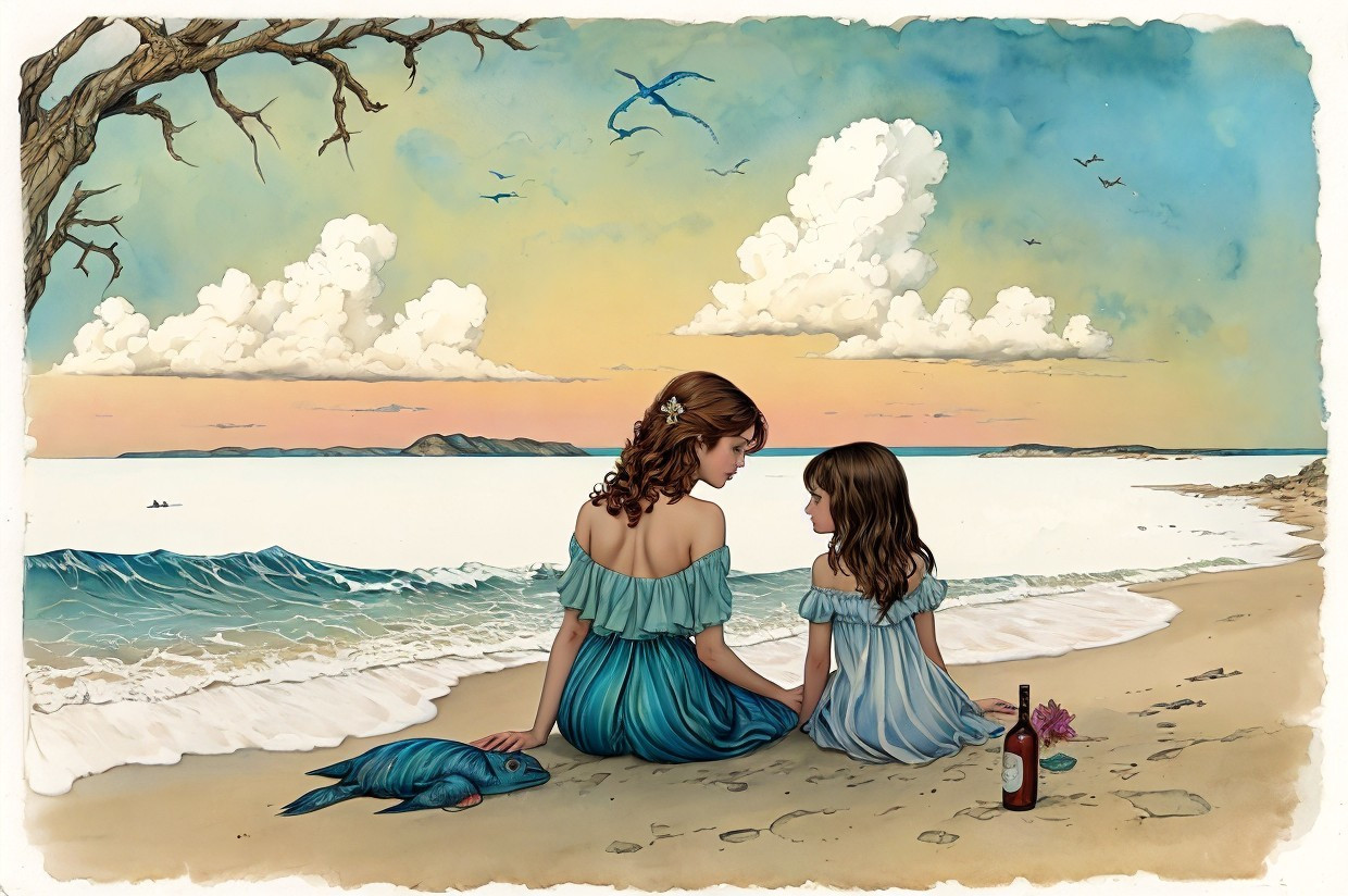 Girls on Beach with Calm Sea and Pastel Sky