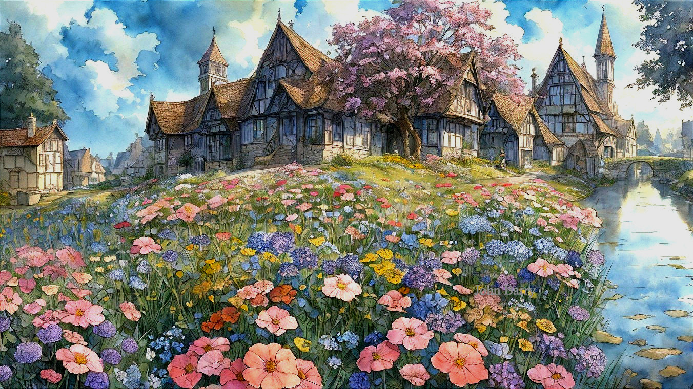 Medieval Houses Surrounded by Flowers and River