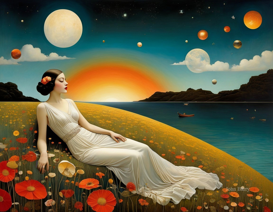 Serene Woman in White Dress Amidst Poppies and Sunset