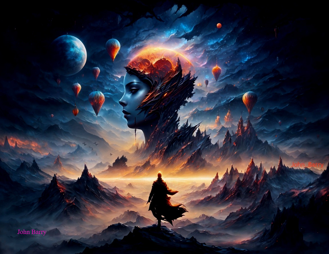 Surreal Landscape with Cloaked Figure and Celestial Elements