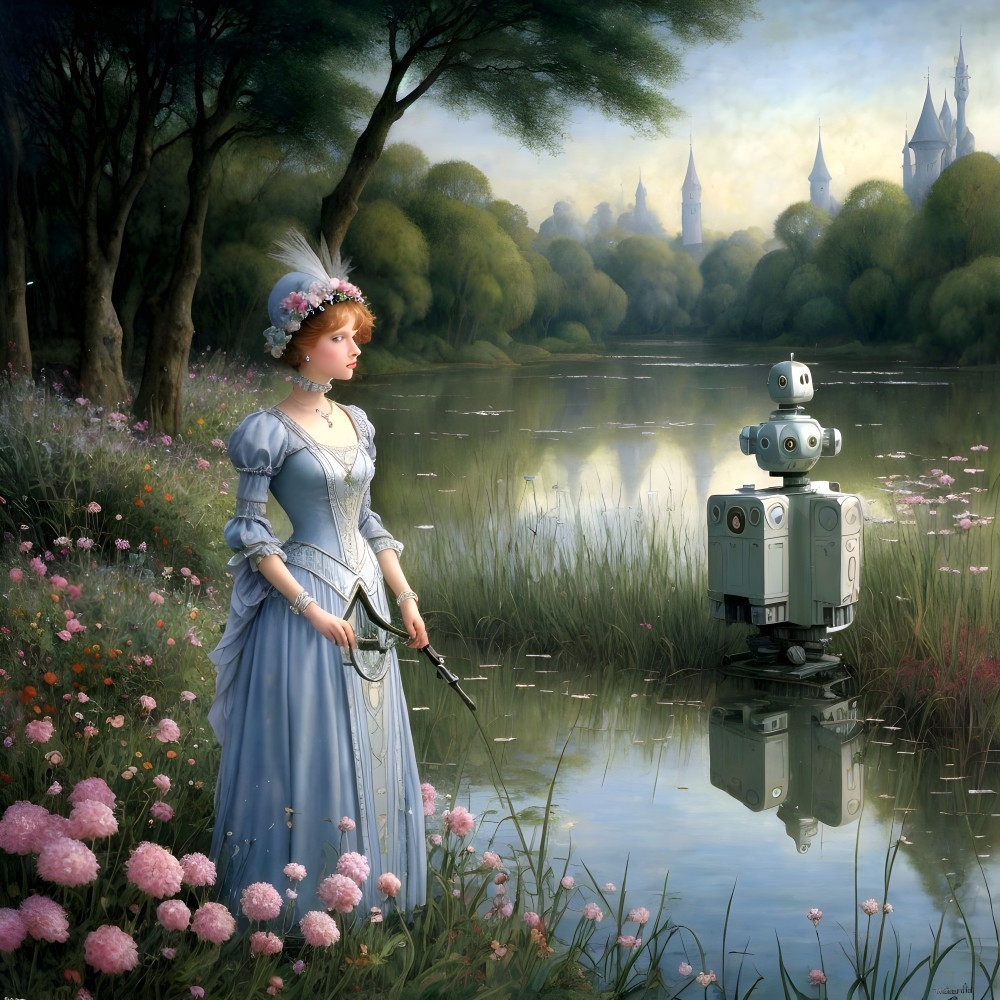 Woman in Historical Dress by Lake with Robot and Castle