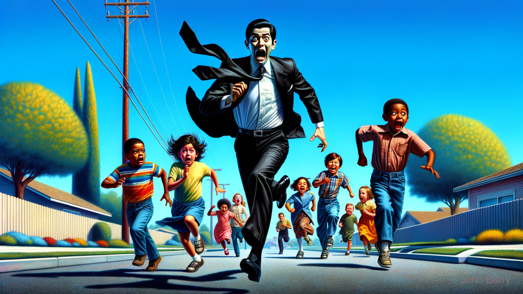 Man in Black Suit Chased by Children on Suburban Street