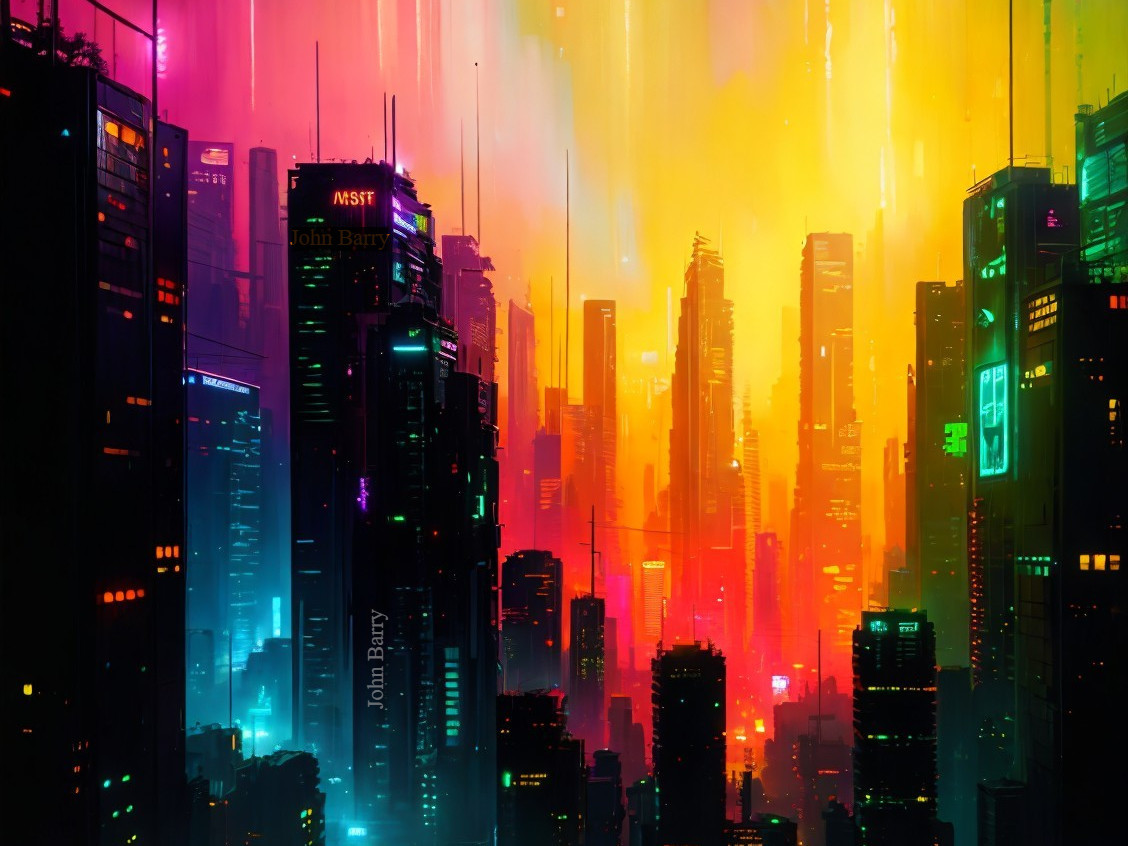 Futuristic Cityscape at Dusk with Neon Lights