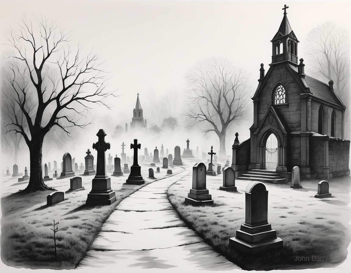 Grayscale Graveyard with Tombstones and Gothic Chapel