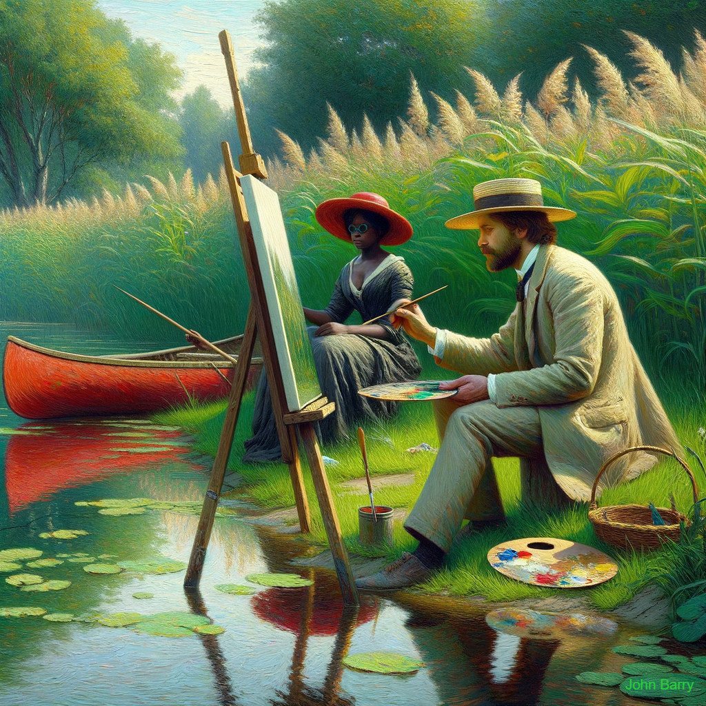Serene Riverside Scene with Painter and Woman