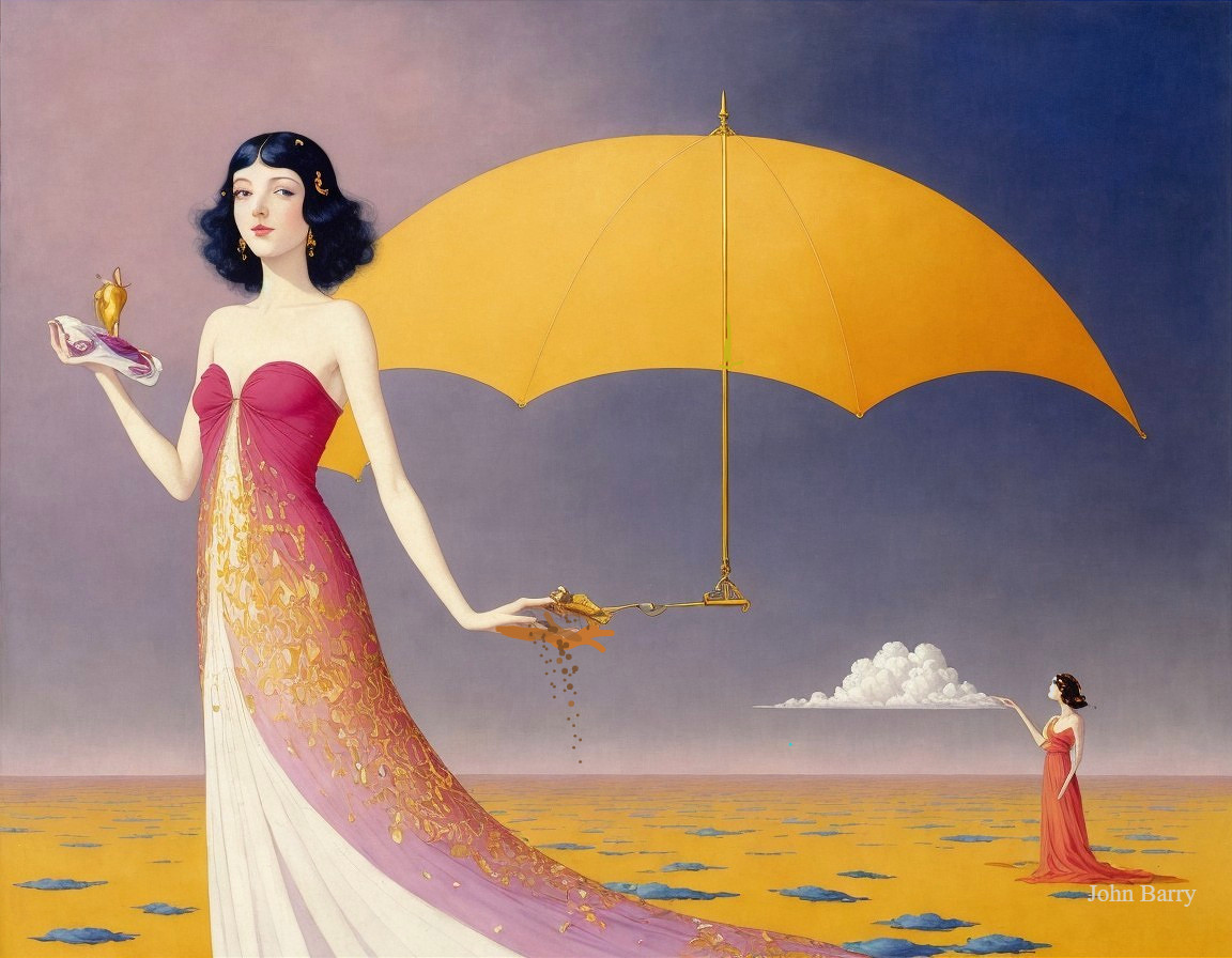 Surreal Scene with Stylish Woman and Golden Sand