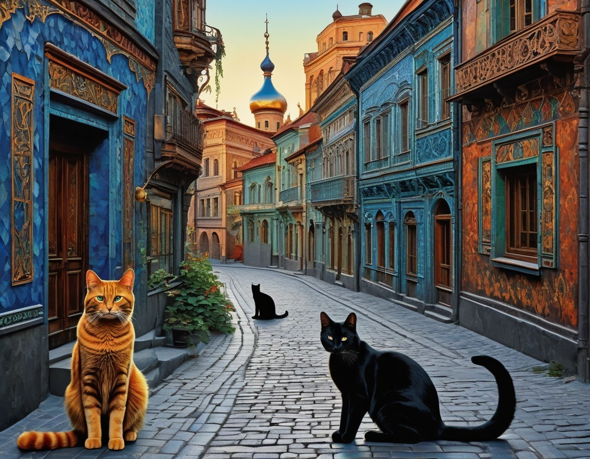 Charming Old Street with Colorful Buildings and Cats