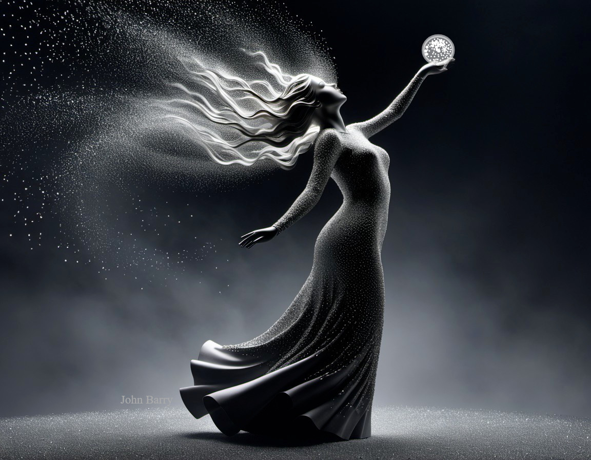 Elegant figure with luminous orb in dark setting