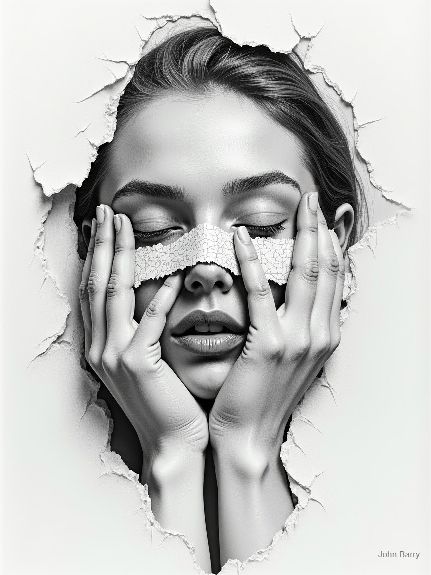Monochromatic Art Depicting a Serene Woman's Strength