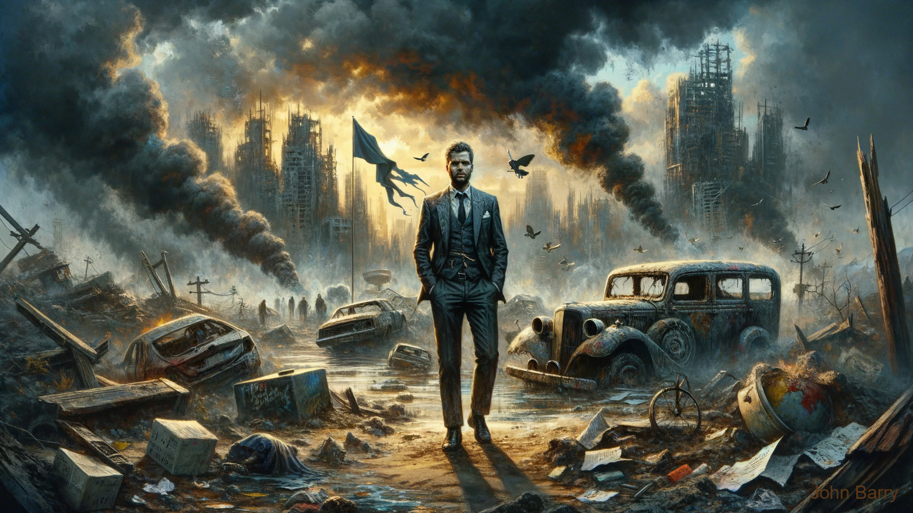 Lone Figure in Suit Amidst Post-Apocalyptic Ruins