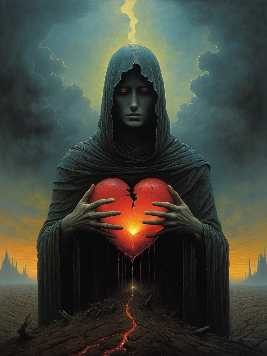 Mysterious Cloaked Figure with Glowing Heart Artwork