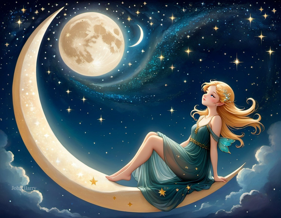 Young Woman on Crescent Moon in Starry Night Sky