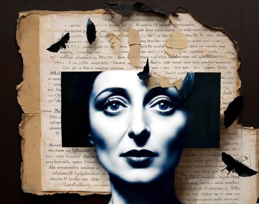 Portrait of a Woman with Blue Eyes and Manuscript Background