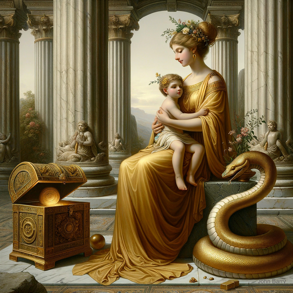 Classical scene of a woman with child and serpent