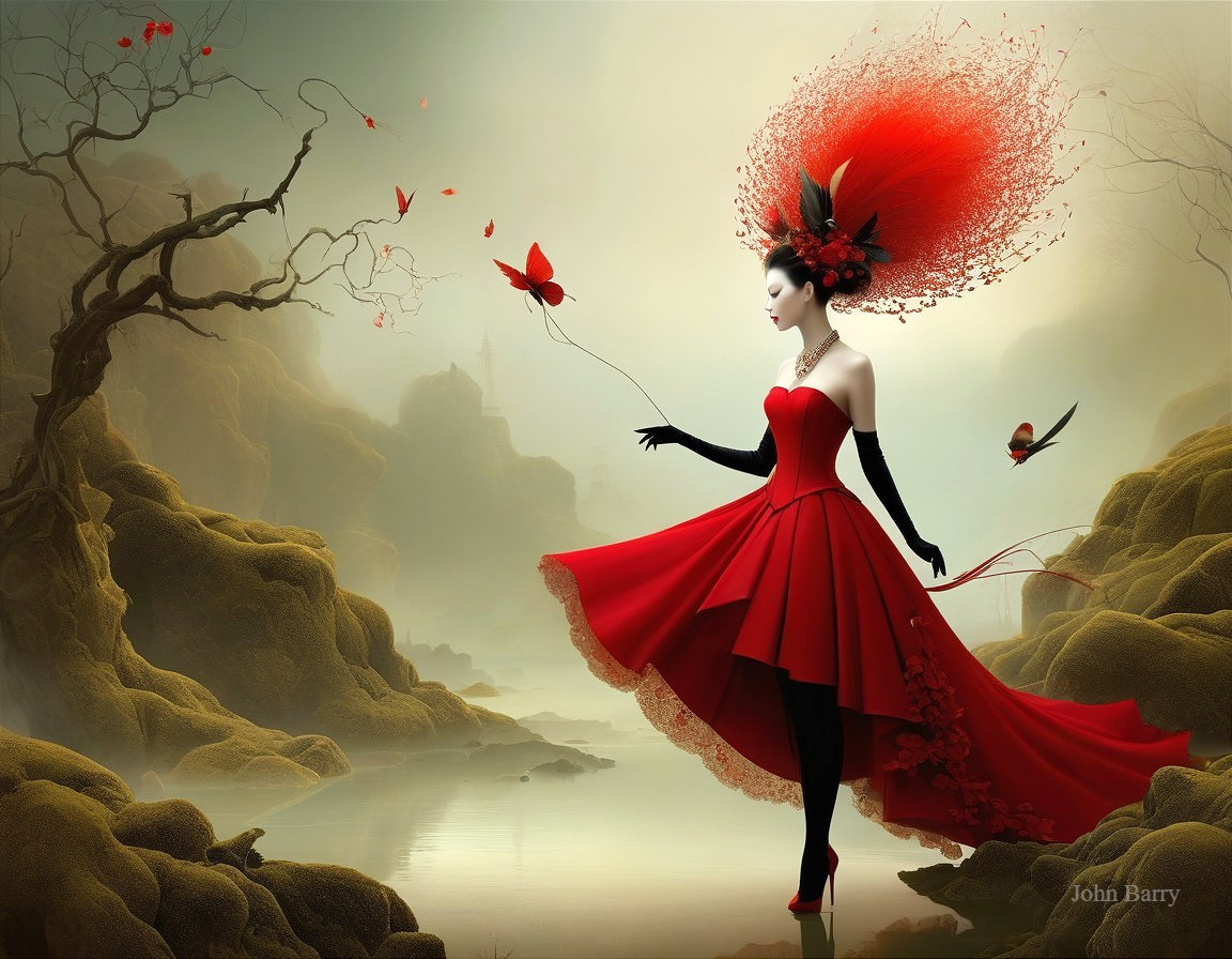 Elegant figure in red dress amid serene landscape