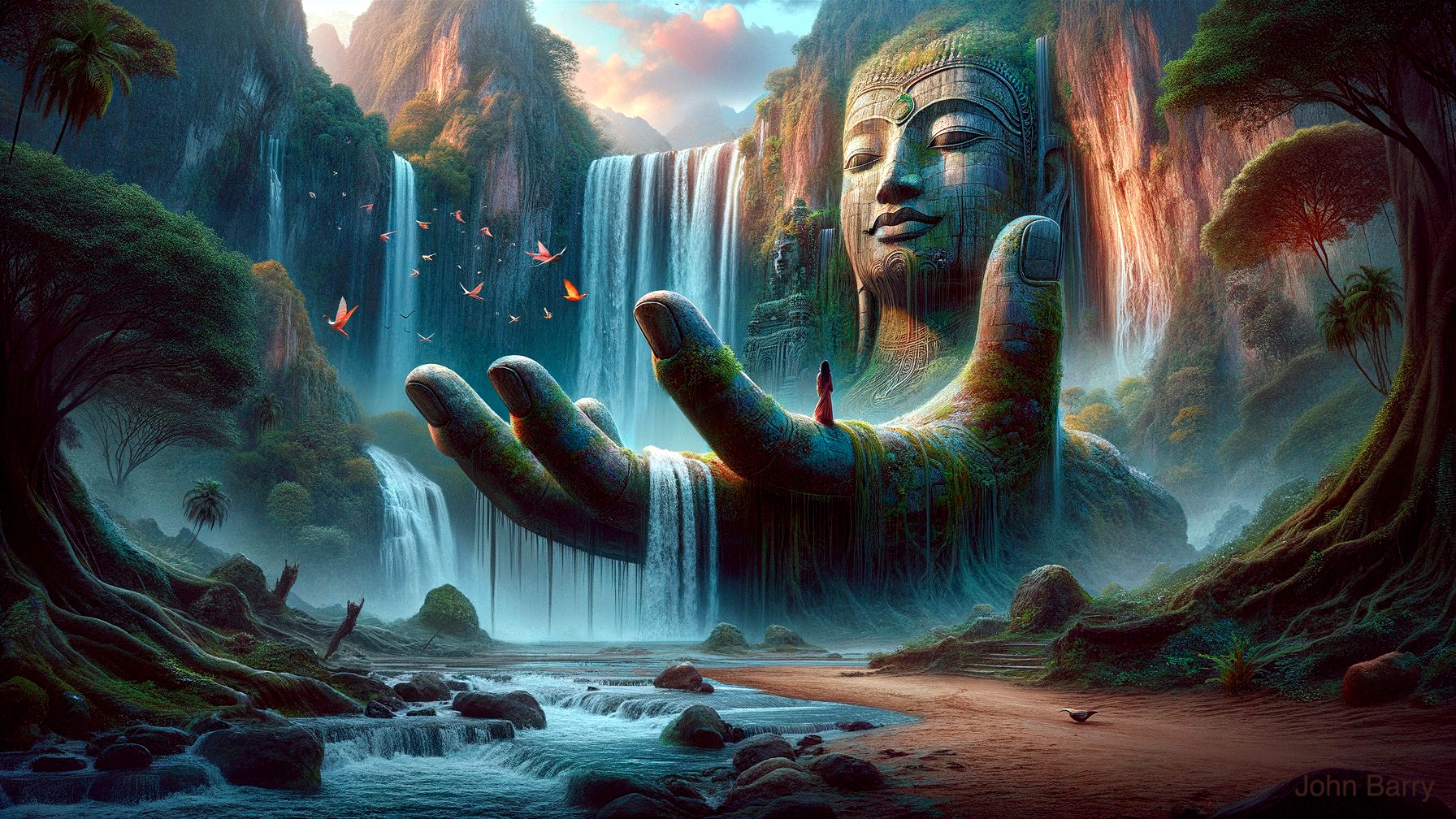 Colossal Stone Hand Cradling Buddha in Nature