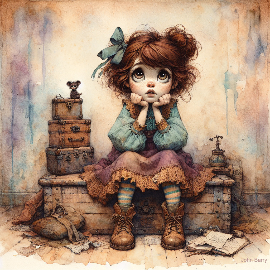 Whimsical Illustration of Girl with Vintage Suitcases