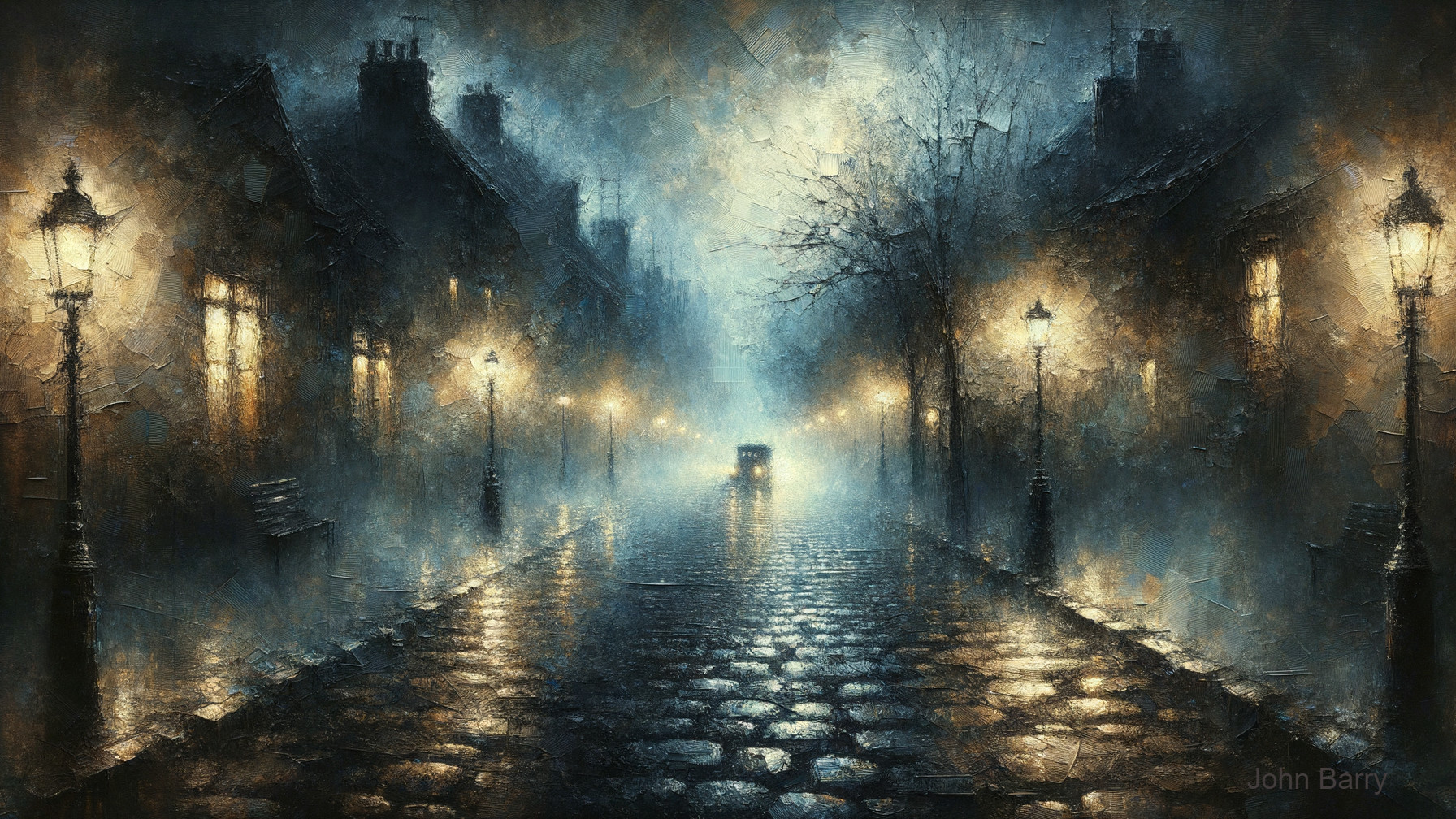 Misty Street with Old Houses and Gas Lamps