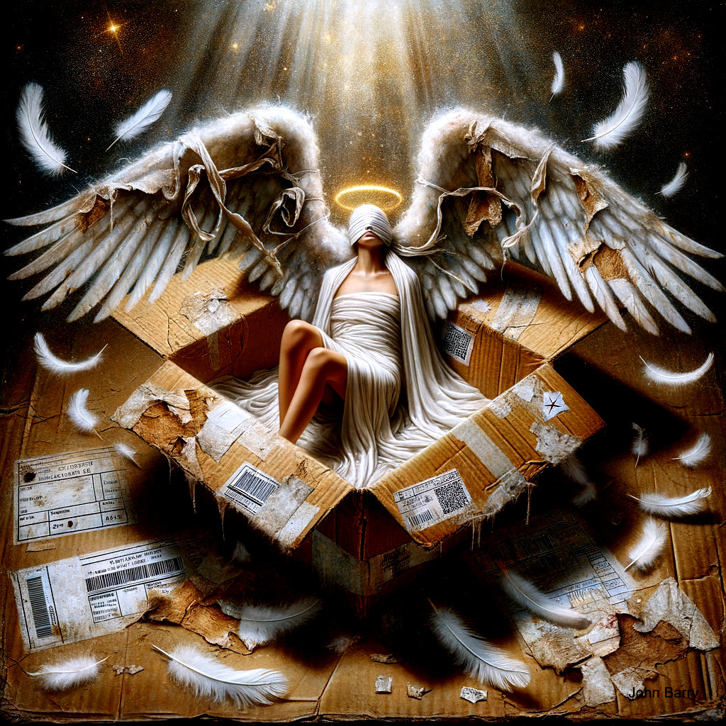 Serene angel figure in a tattered cardboard box