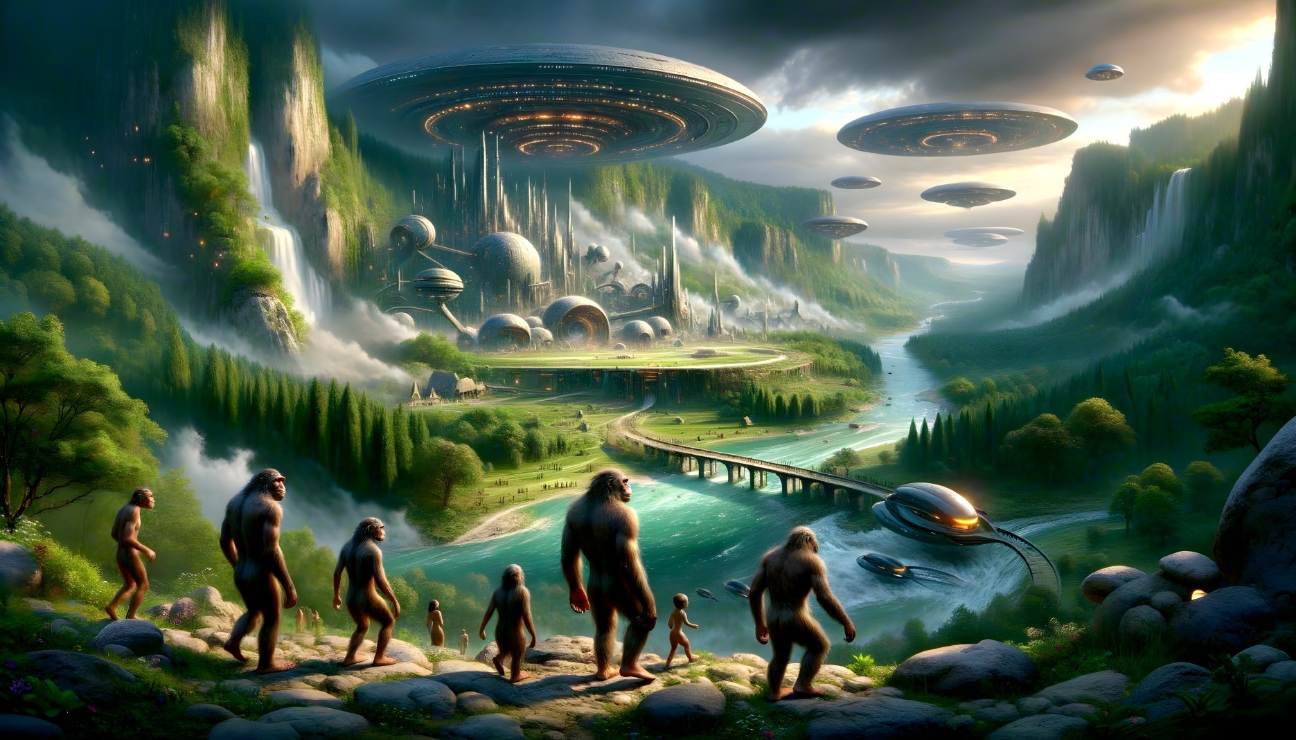Evolutionary stages observe futuristic city with saucers, monorails, waterfalls.