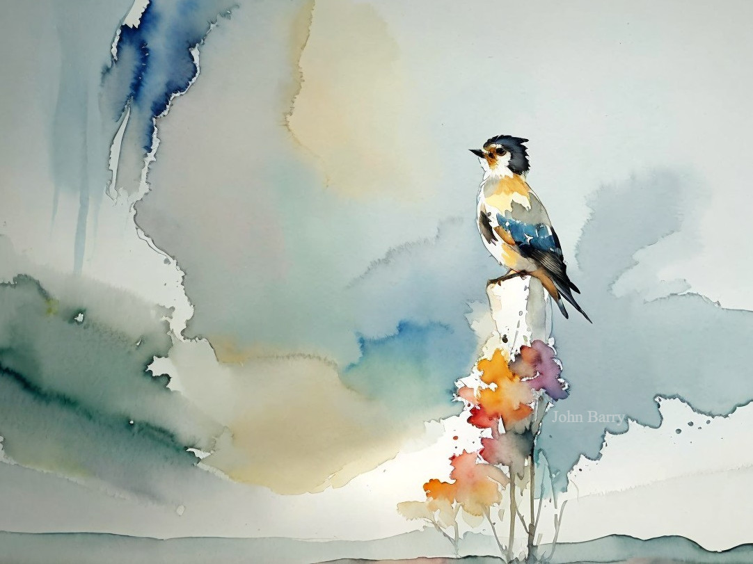 Watercolor Painting of a Bird on a Stalk