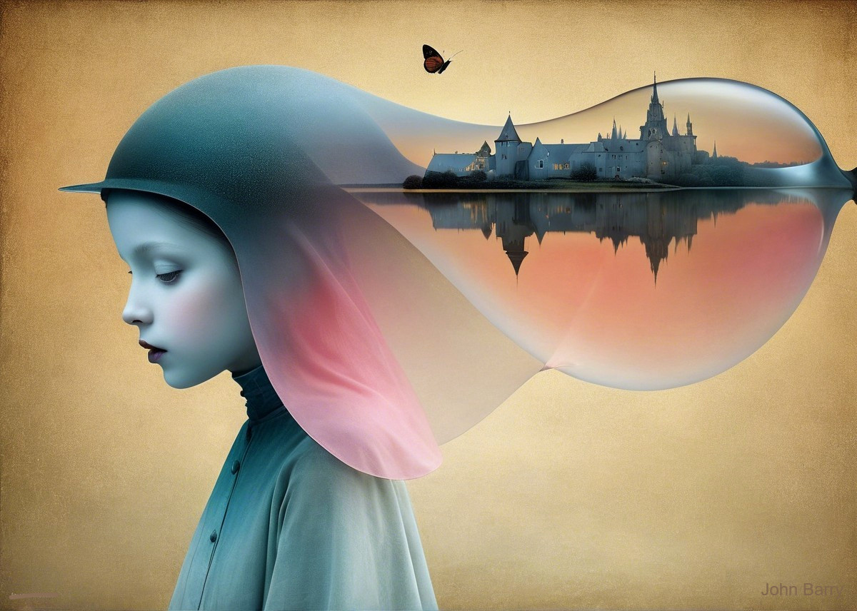 Surreal Scene of Girl in Bubble with Castle Landscape