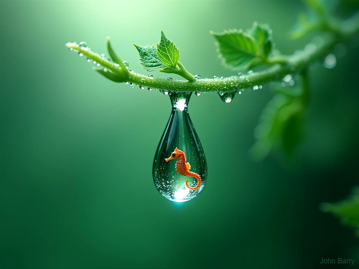 Green Branch with Water Droplet and Seahorse Inside
