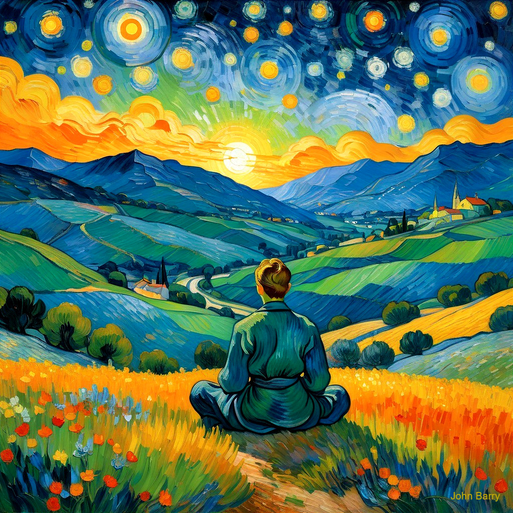 Serene figure in a vibrant landscape under night sky