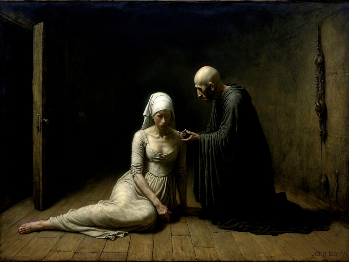 A woman in white and a man in dark robes in contrast