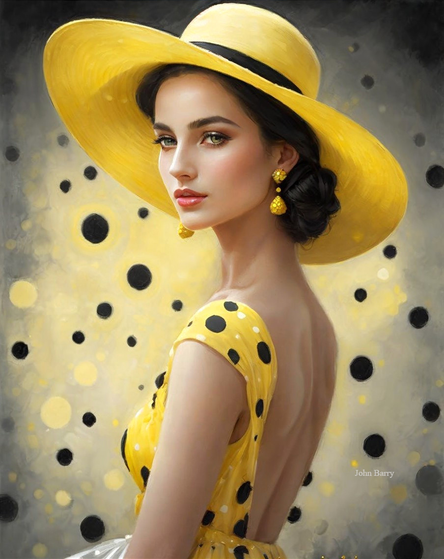 Glamorous Woman in Yellow Polka Dot Dress and Hat
