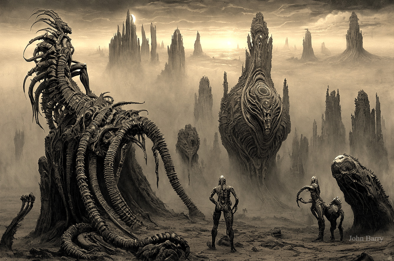 Surreal Dystopian Landscape with Grotesque Structures