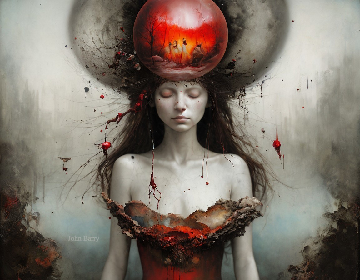 Serene Figure in Surreal Landscape with Glowing Orb