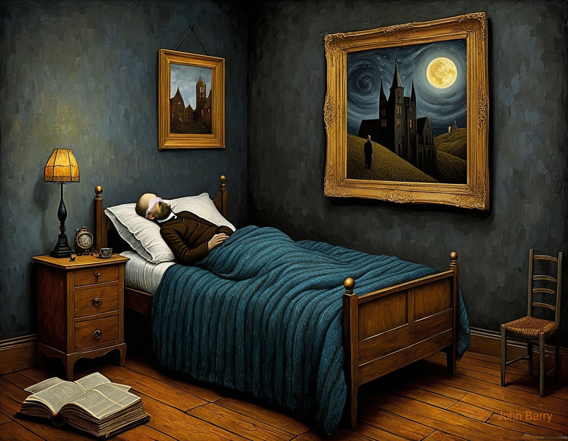 Surreal Bedroom Scene with Sleep and Moonlit Art