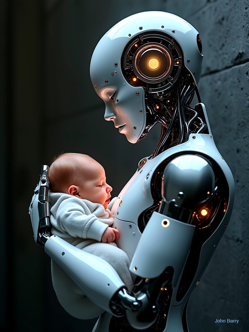 Futuristic Robot Cradling Infant in Tender Moment