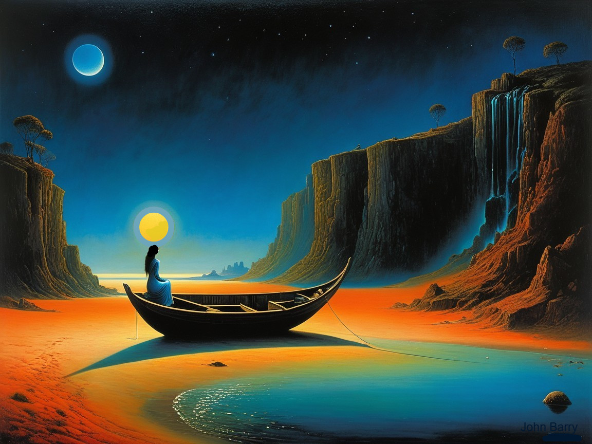 Twilight Landscape with Boat and Celestial Bodies
