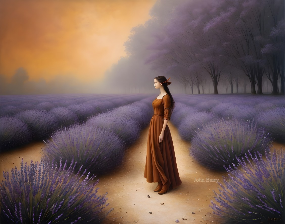 Serene Landscape with Woman Among Lavender Fields