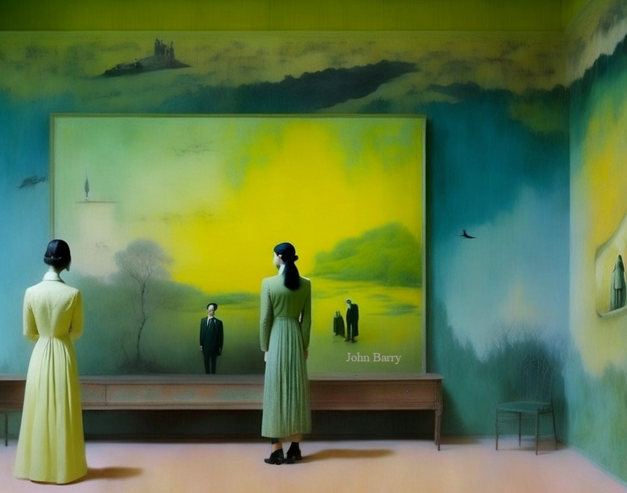 Surreal Scene with Figures and Ethereal Landscape Painting