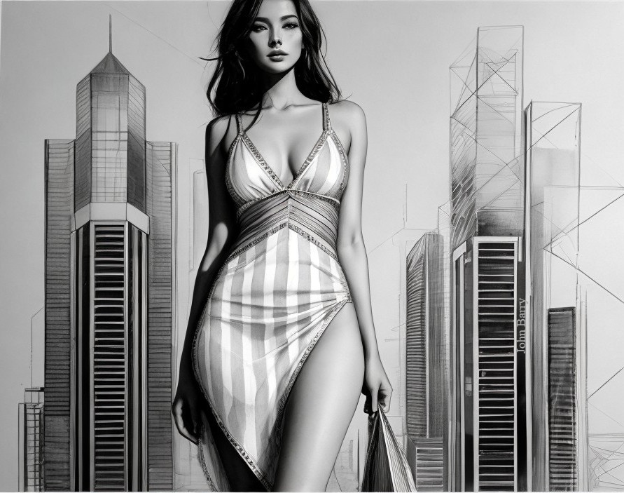 Monochrome Illustration of Elegant Woman in Cityscape