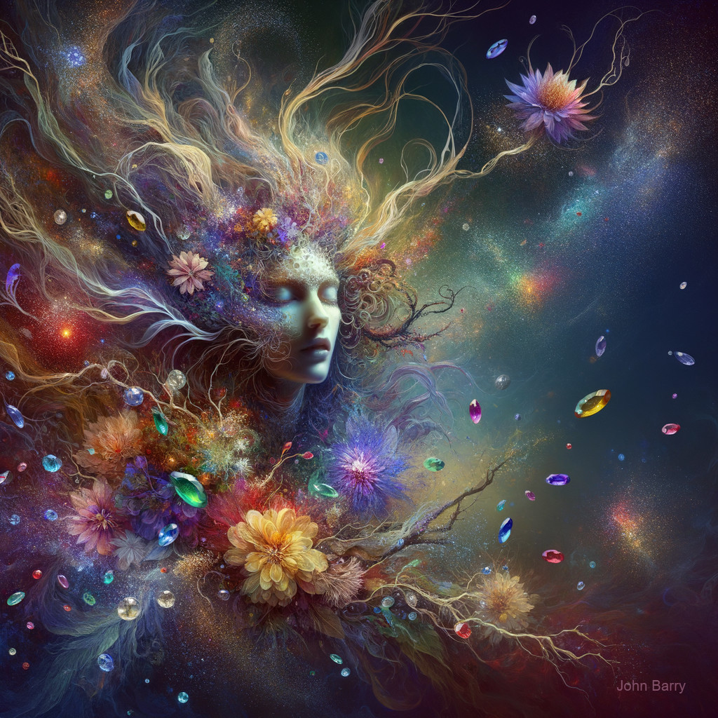 Surreal Ethereal Figure with Colorful Hair and Flowers