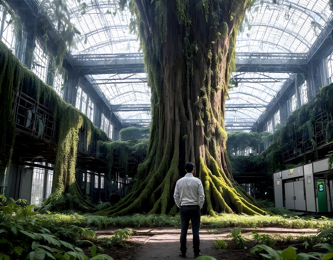 Person standing before gigantic tree in abandoned industrial greenhouse