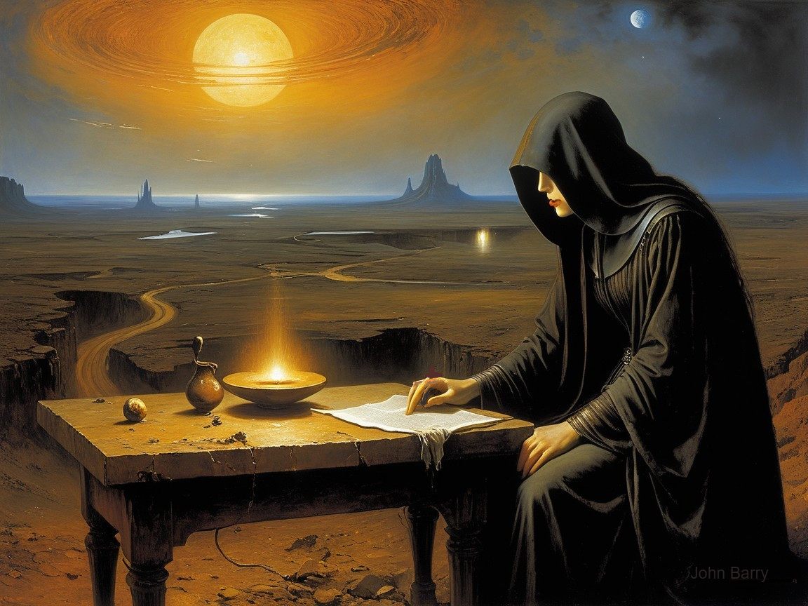 Surreal Landscape with Cloaked Figure Writing at Table