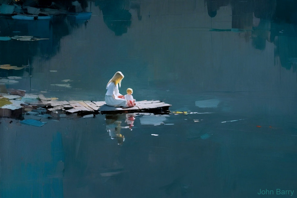 Tranquil Lake Scene with Woman and Child on Dock