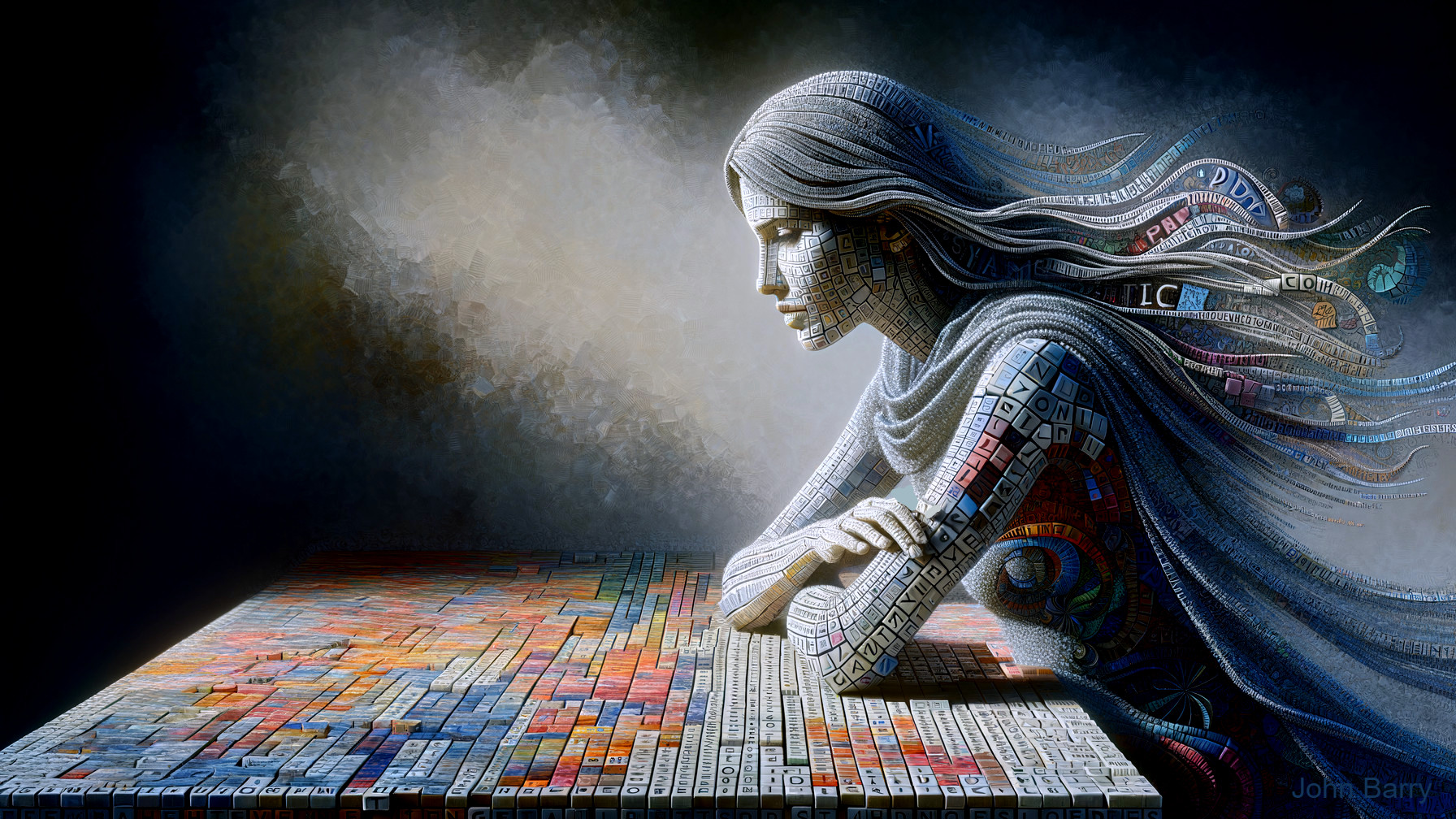 Mosaic Woman with Colorful Patterns and Contemplation