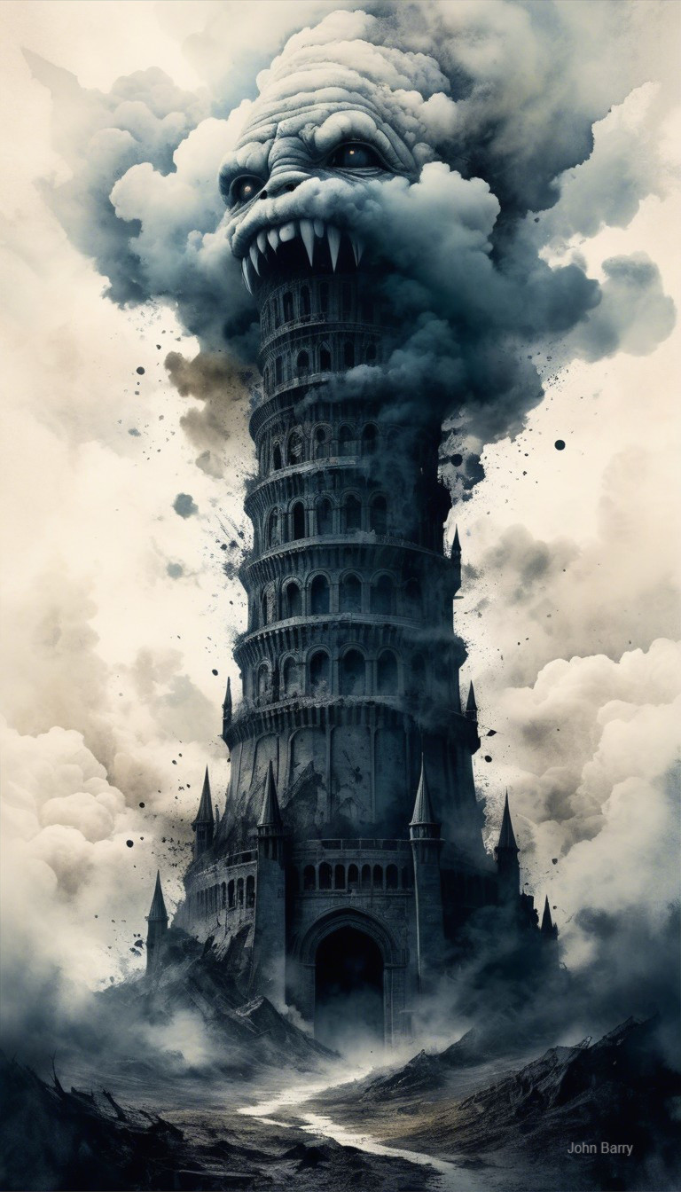 Ominous Tower with Monstrous Face in Dark Landscape