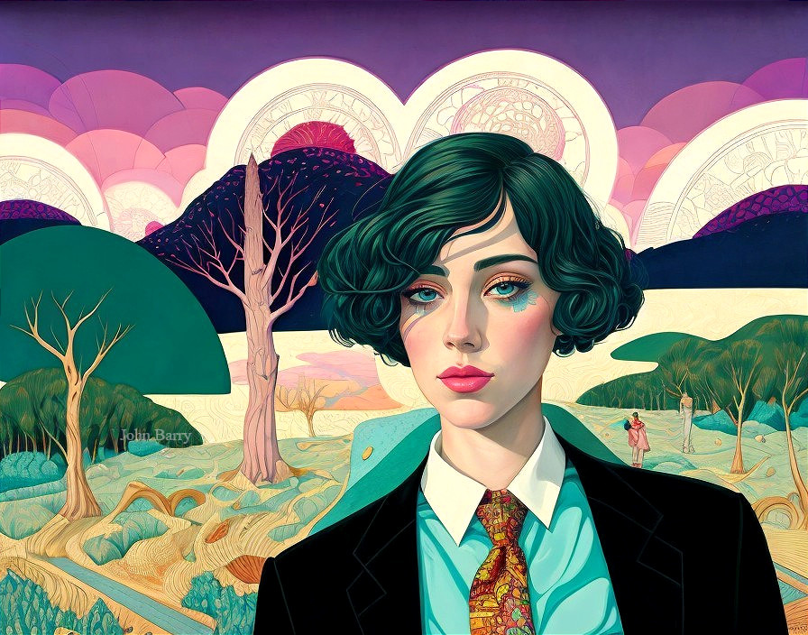Woman in Suit Against Surreal Landscape with Colorful Sky
