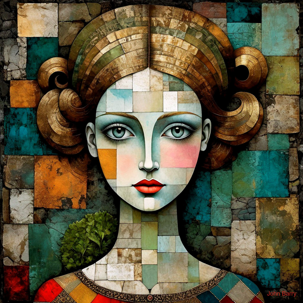 Female Figure with Geometric Pattern and Colorful Background