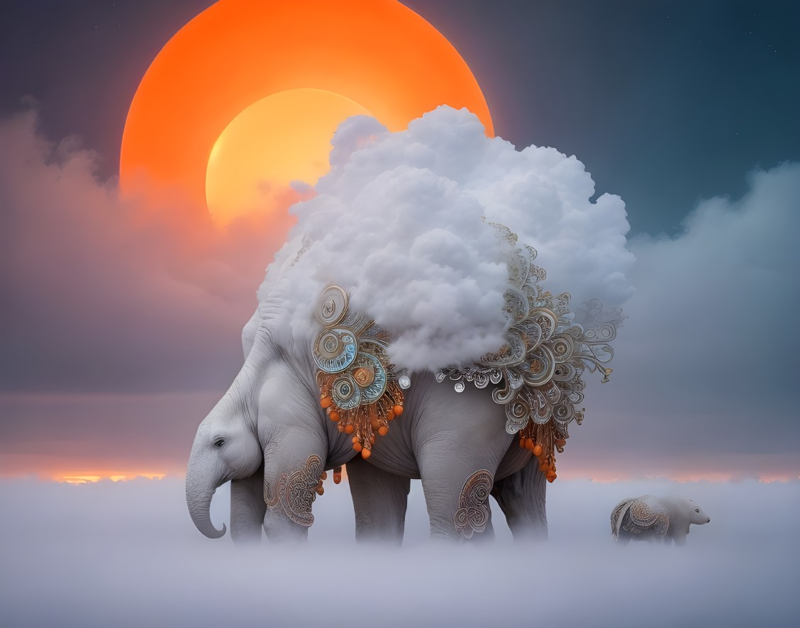 Elephant and Calf with Ornate Decorations in Misty Sunset Scene