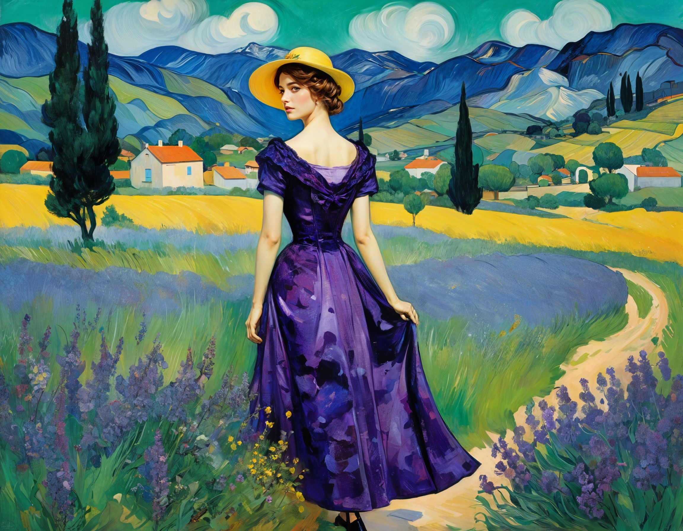 Woman in Purple Dress Overlooking Vibrant Landscape
